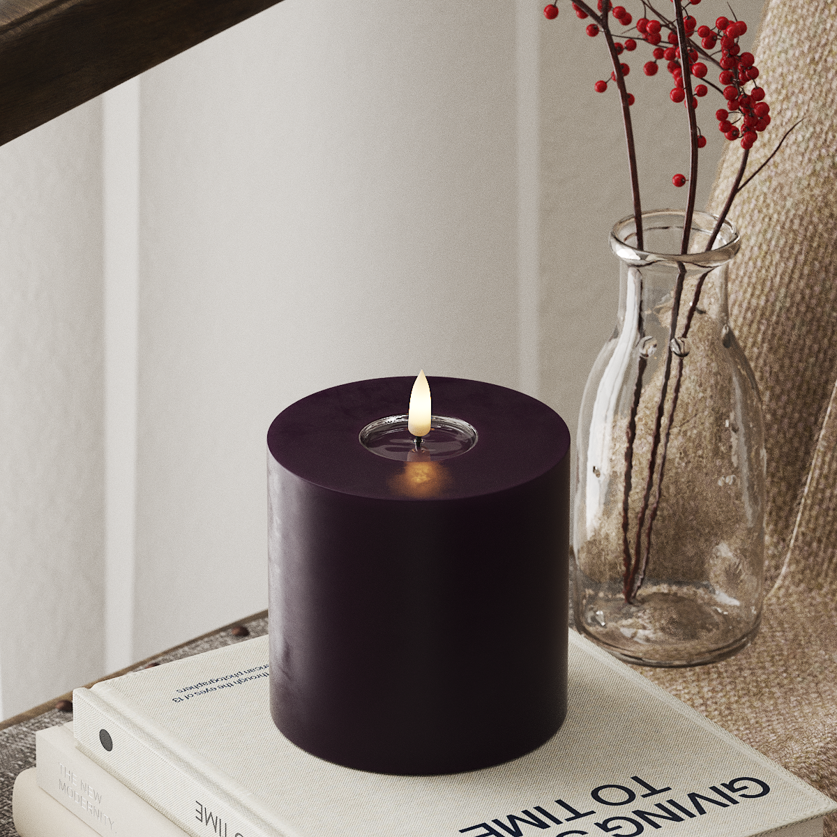 deluxe-homeart-blockkerzen-led-stumpenkerze-10x10-cm-dunkellila-real-flame image 1