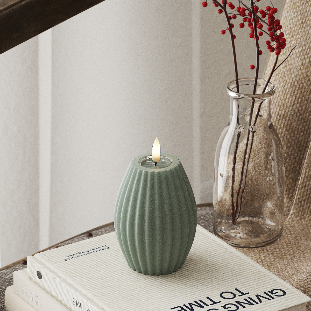 deluxe-homeart-rillenkerzen-led-kerze-7-5x10-cm-salbeigr-n-real-flame image 1