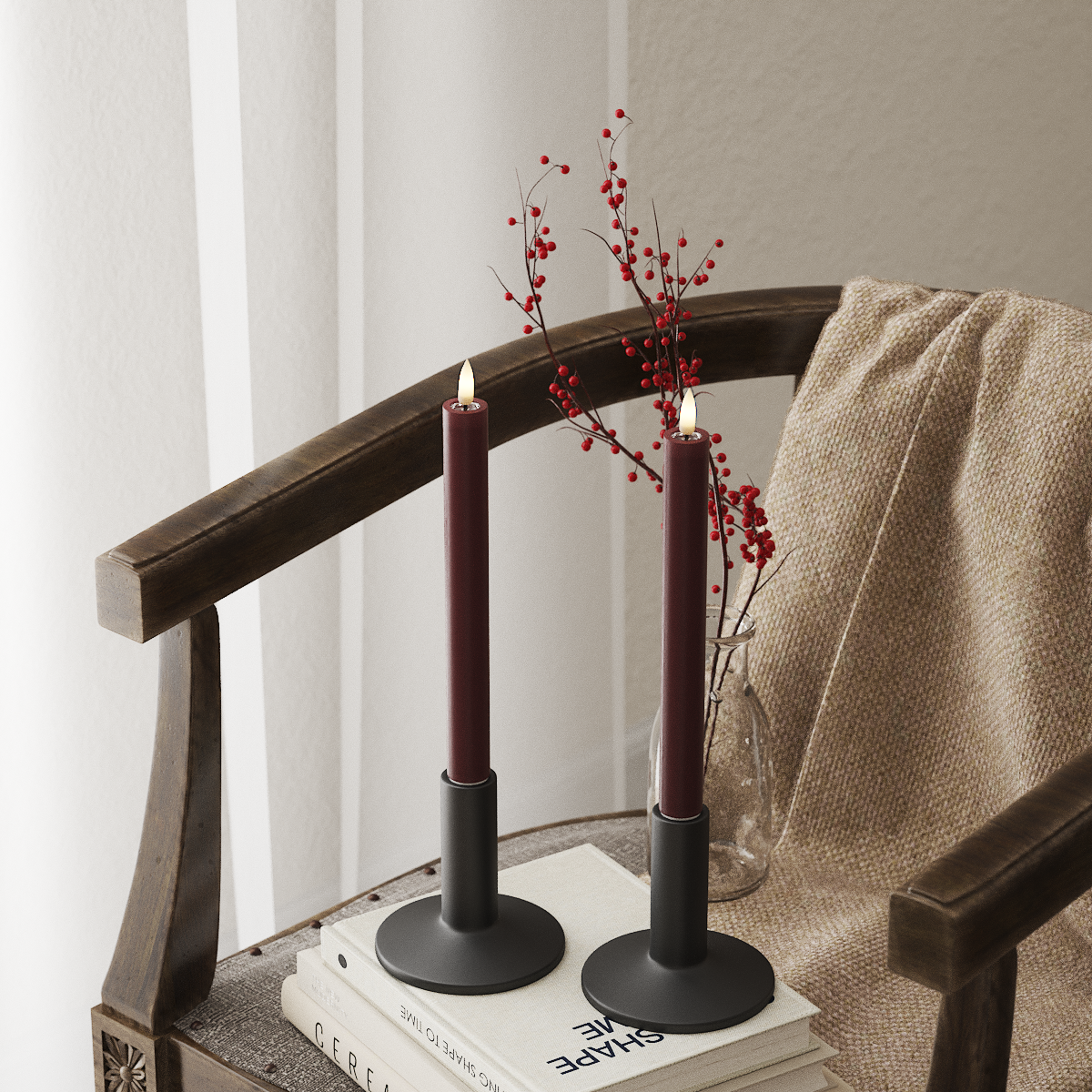 deluxe-homeart-stabkerzen-led-stabkerze-burgunderrot-2er-24-cm image 1