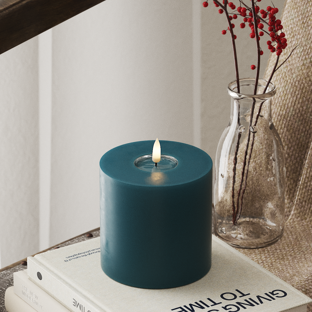 deluxe-homeart-blockkerzen-led-stumpenkerze-petrol-10x10cm-real-flame image 1