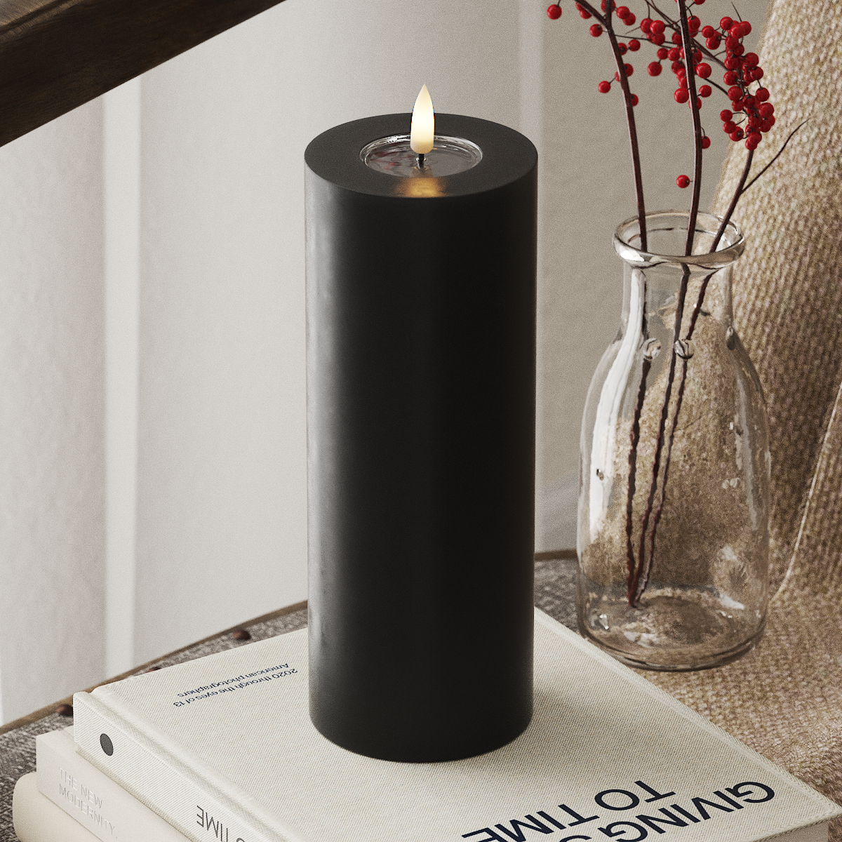 deluxe-homeart-blockkerzen-led-kerze-7-5x20-cm-schwarz-real-flame image 1