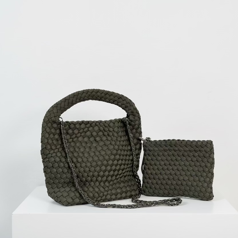 ein-st-ck-vom-gl-ck-neopren-handtasche-dunkelgr-n-geflochten image 3