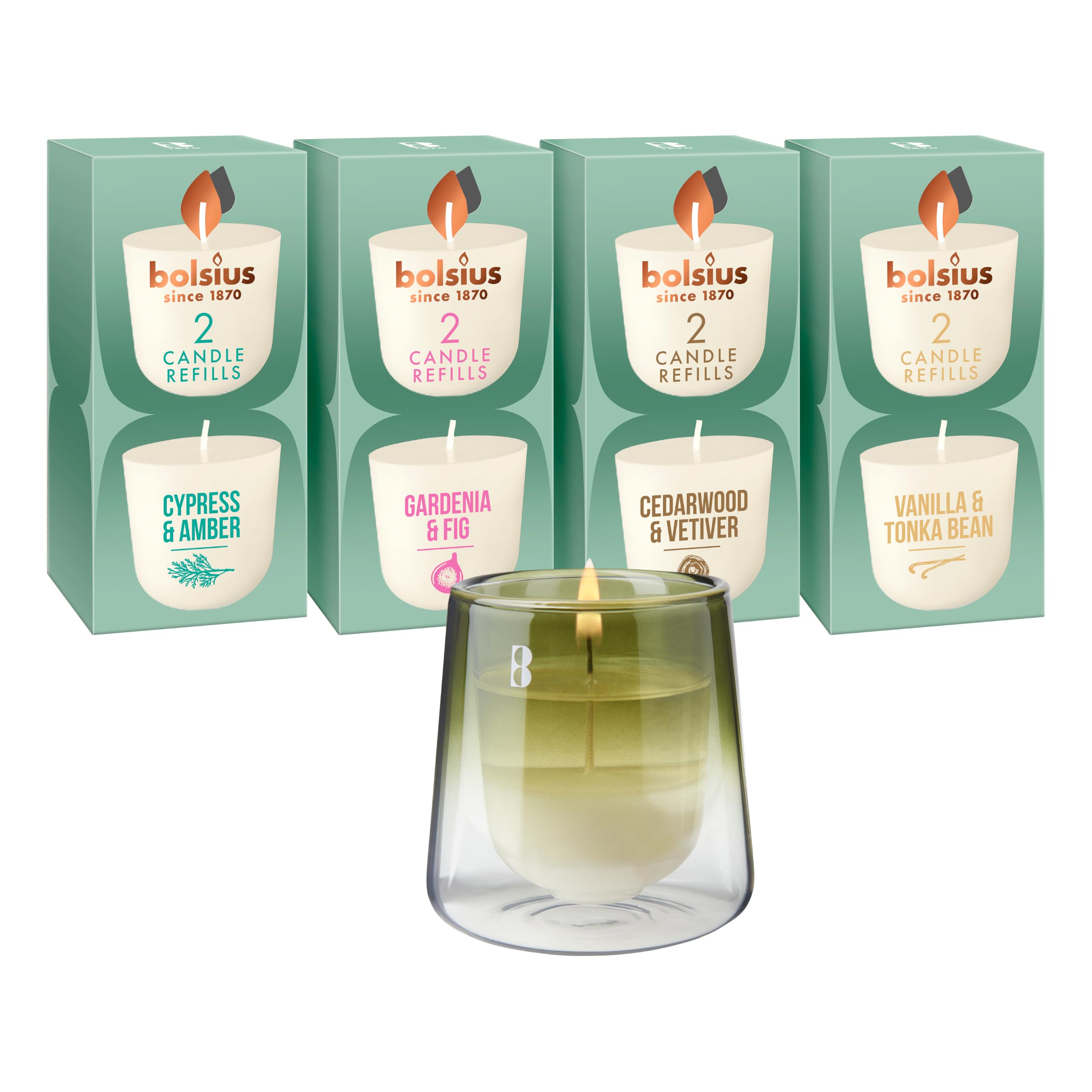 bolsius-cleanlight-duftkerze-starterset-gr-n-glas-9-refills image 1