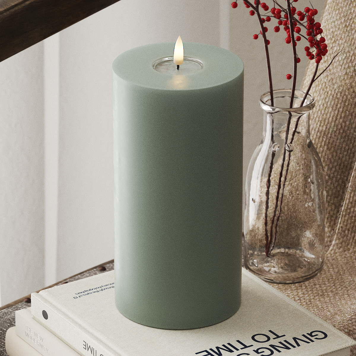 deluxe-homeart-blockkerzen-led-kerze-10x20-cm-salbeigr-n-real-flame image 1