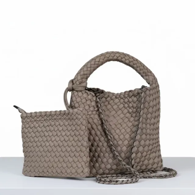 neopren-handtasche-taupe-geflochten-klein-schulterriemen-tote image 1