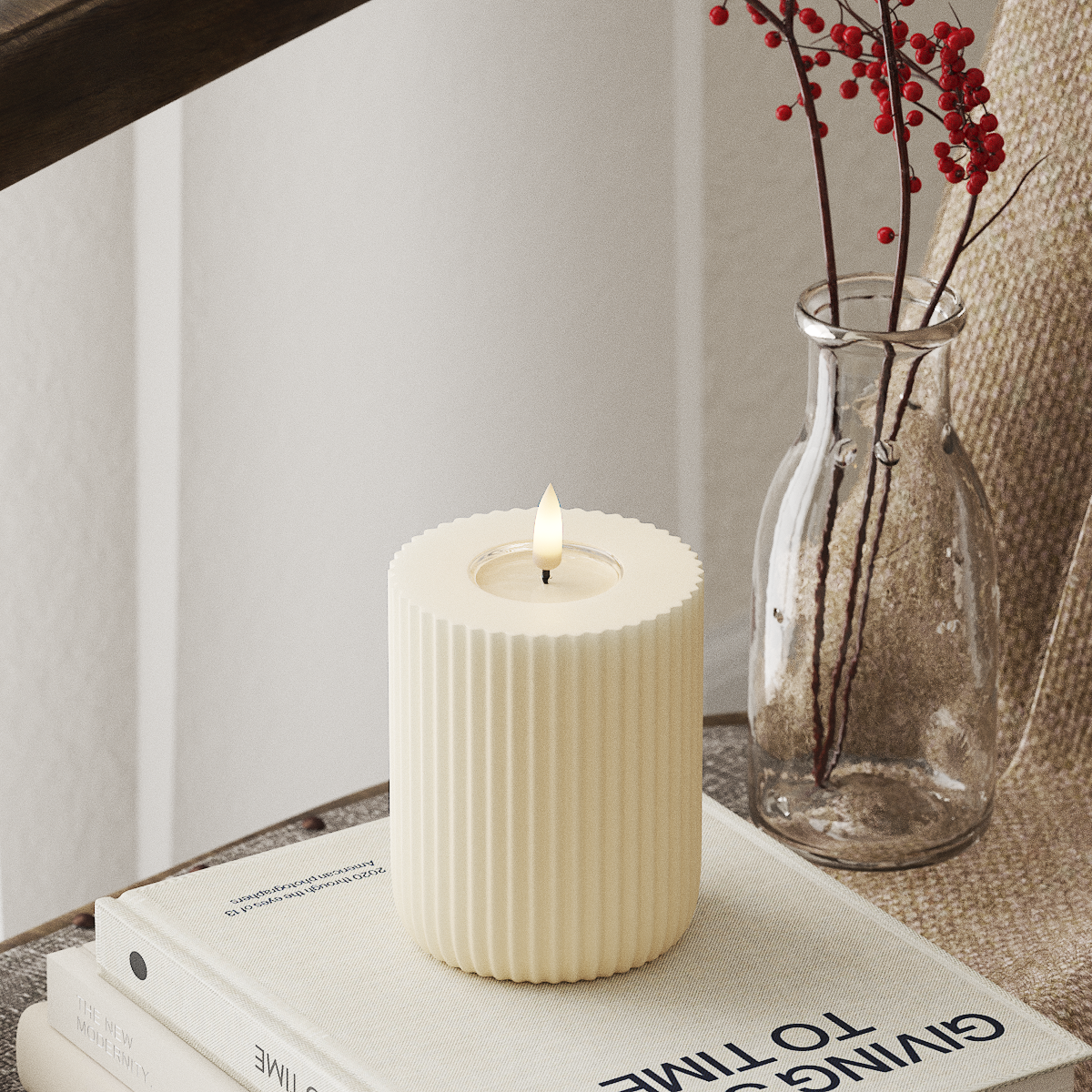 deluxe-homeart-solid-stripe-led-kerze-8x10-cm-creme-real-flame image 1