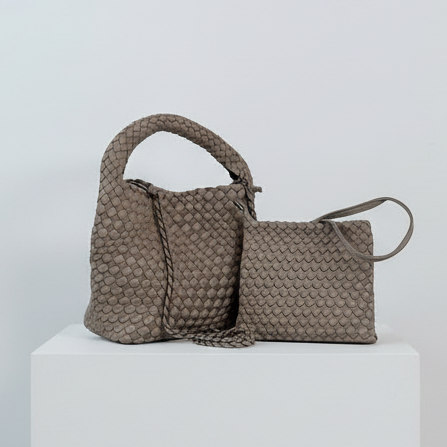 neopren-handtasche-taupe-geflochten-klein-schulterriemen-tote image 2