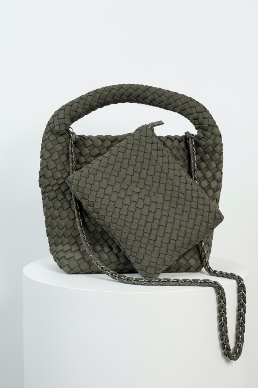 ein-st-ck-vom-gl-ck-neopren-handtasche-dunkelgr-n-geflochten image 1