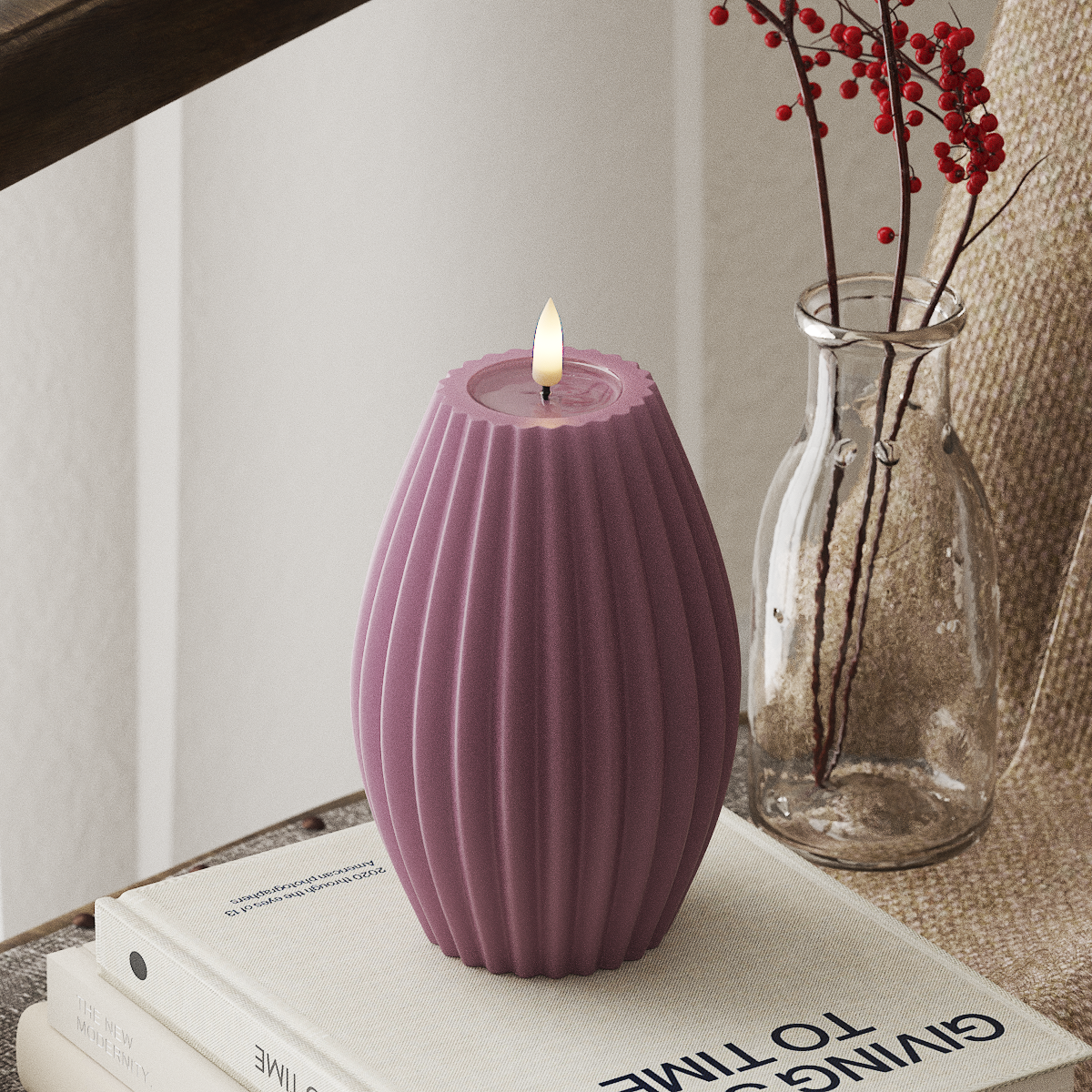 deluxe-homeart-rillenkerzen-10x15-cm-led-kerze-helllila-real-flame image 1