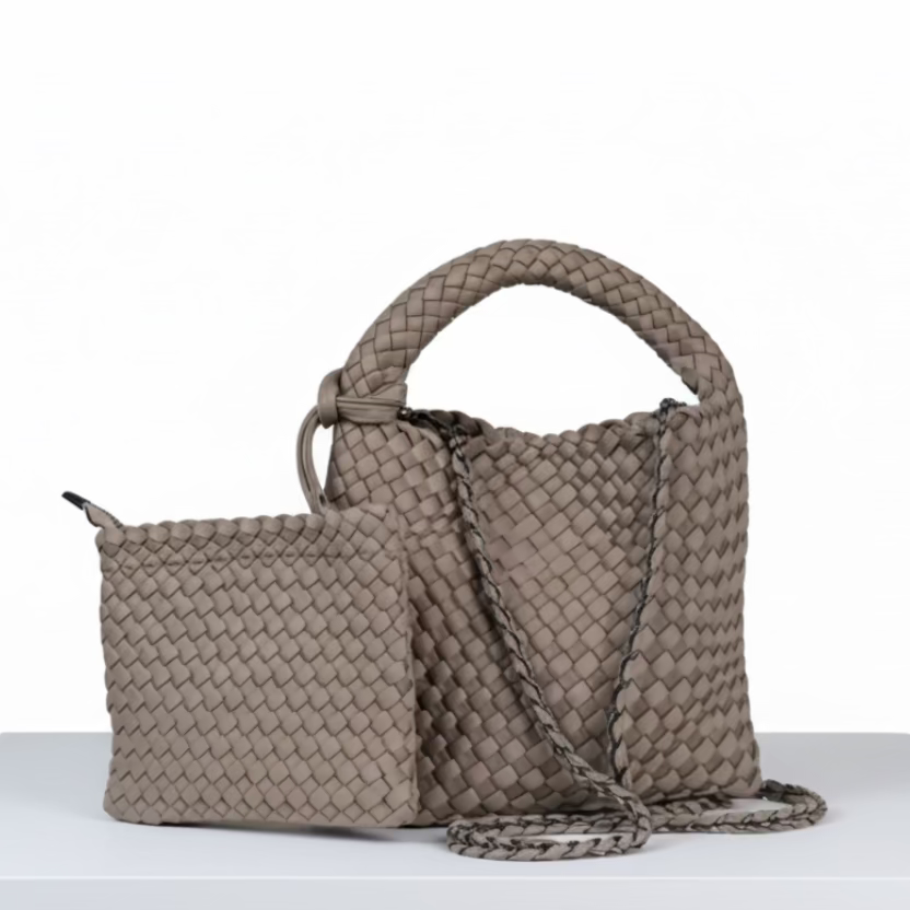 neopren-handtasche-taupe-geflochten-klein-schulterriemen-tote image 1