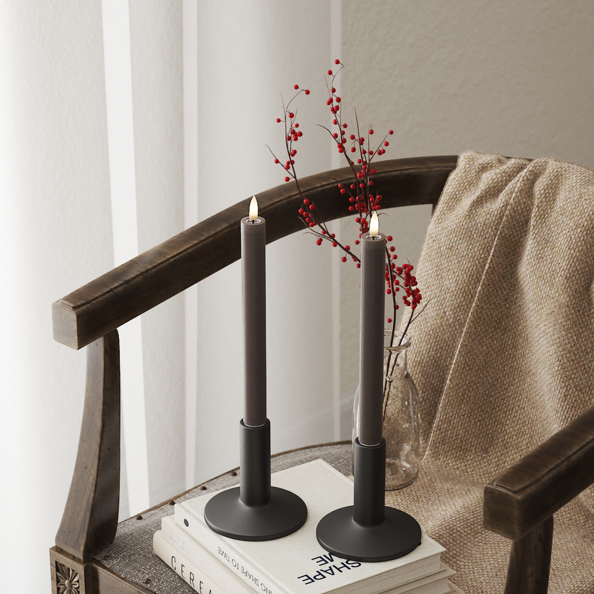 deluxe-homeart-stabkerzen-led-kerzen-2x24-cm-mokka-real-flame image 1