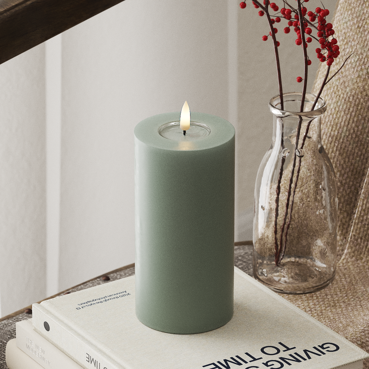 deluxe-homeart-blockkerzen-led-blockkerze-7-5x15-cm-salbeigr-n-real-flame image 1