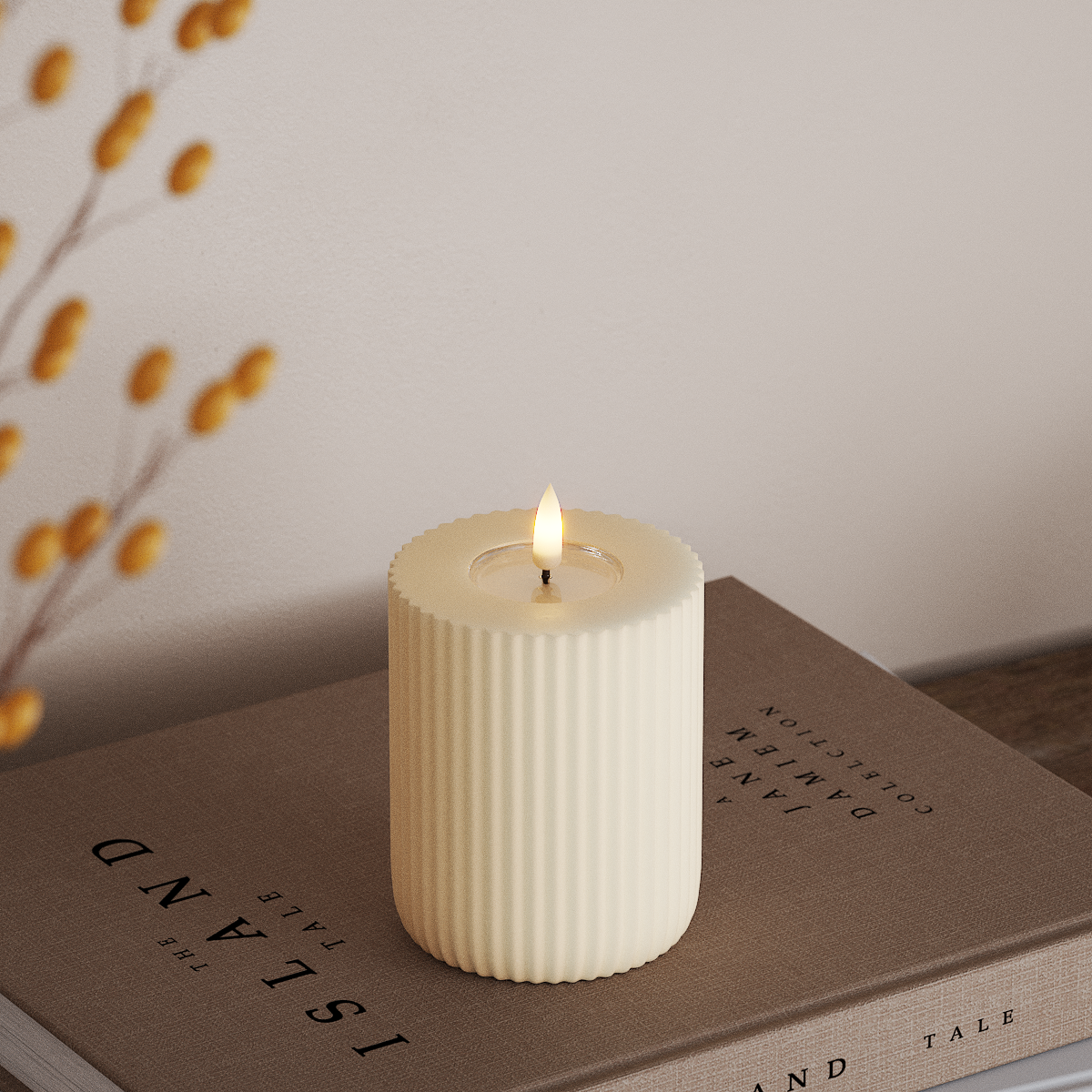 deluxe-homeart-solid-stripe-led-kerze-8x10-cm-creme-real-flame image 2