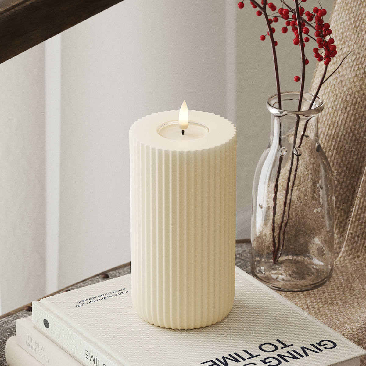deluxe-homeart-solid-stripe-led-blockkerze-creme-8x15-cm image 1