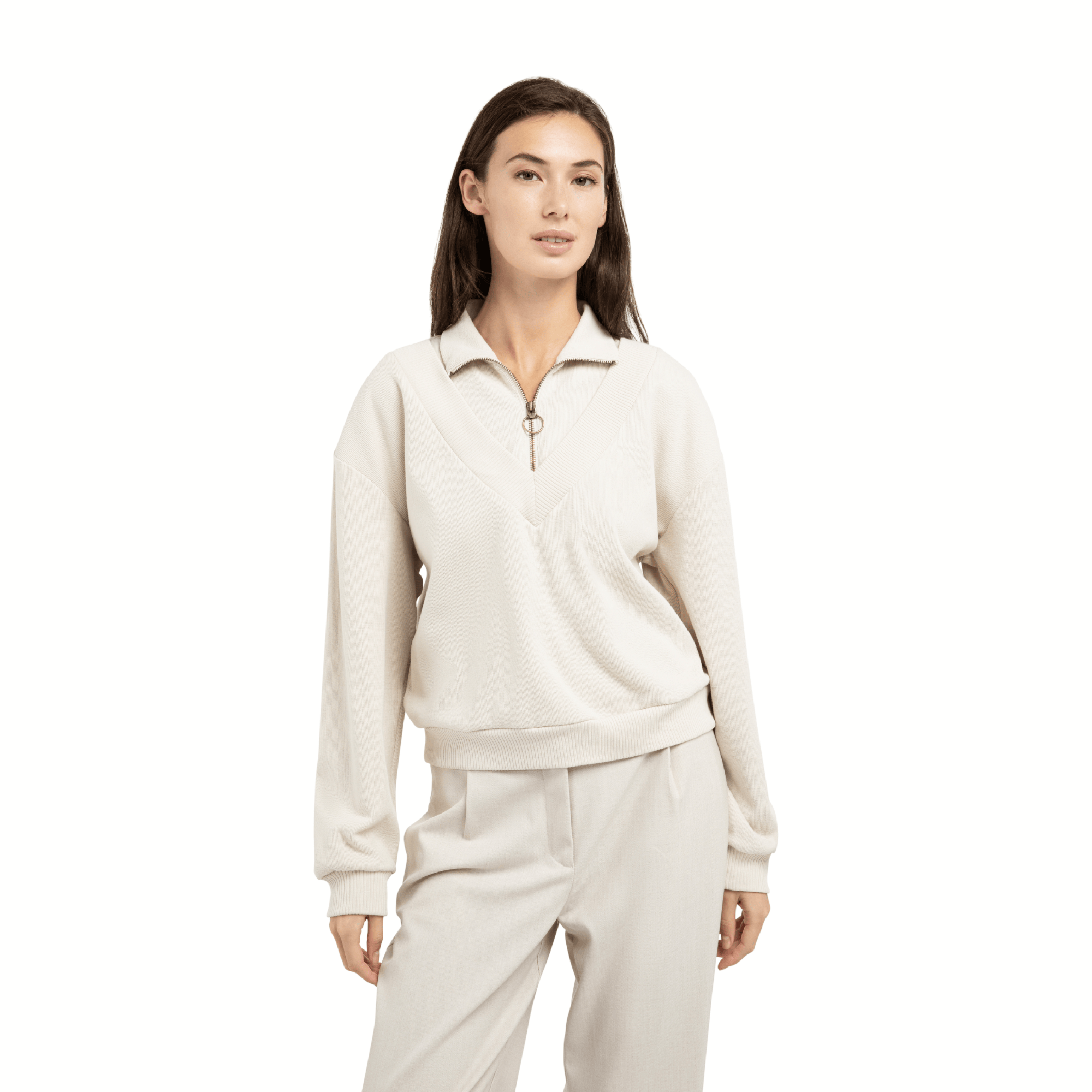 yaya-pullover-doppelkragen-zipper-beige-oversize image 1