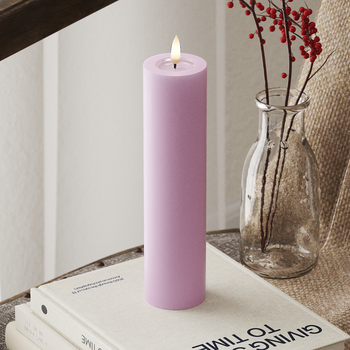 deluxe-homeart-blockkerzen-led-kerze-5x20-cm-lavendel-real-flame image 1