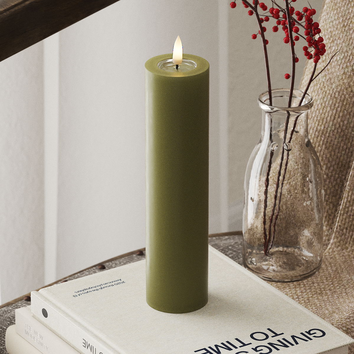 deluxe-homeart-blockkerzen-led-olivgr-n-5x20-cm-wachs image 1